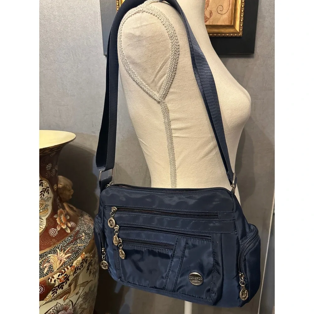 Jingpin Navy Blue Nylon Multi-Pocket Crossbody Organizer Bag Silver Hardware